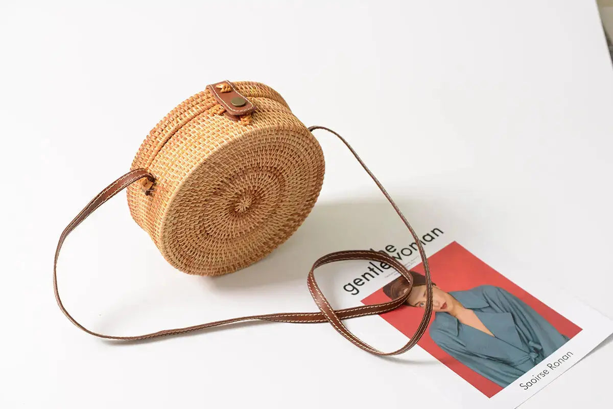 INS CHIC Handmade Crossbody bags Bohemian Straw Bags for Women Little Circle Beach Handbags Summer Vintage Rattan Bag Angel Wishes