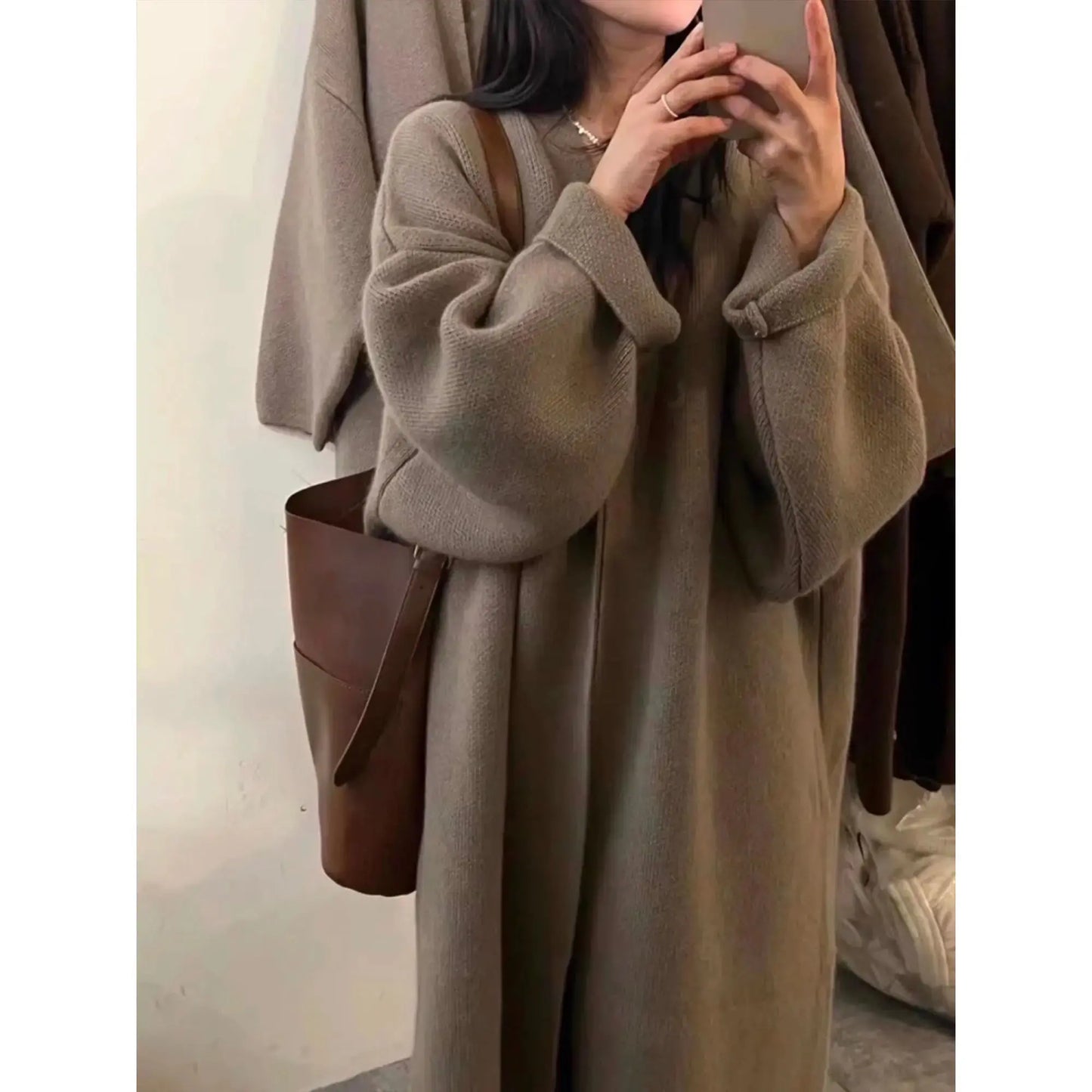 Khaki Knitted Cardigan Sweater, Womens Coat, Long Cardigan, Wool Coat, Cozy Style Loose, Plus Size Maxi Coat, Office Outfits, Fall Clothing Angel Wishes