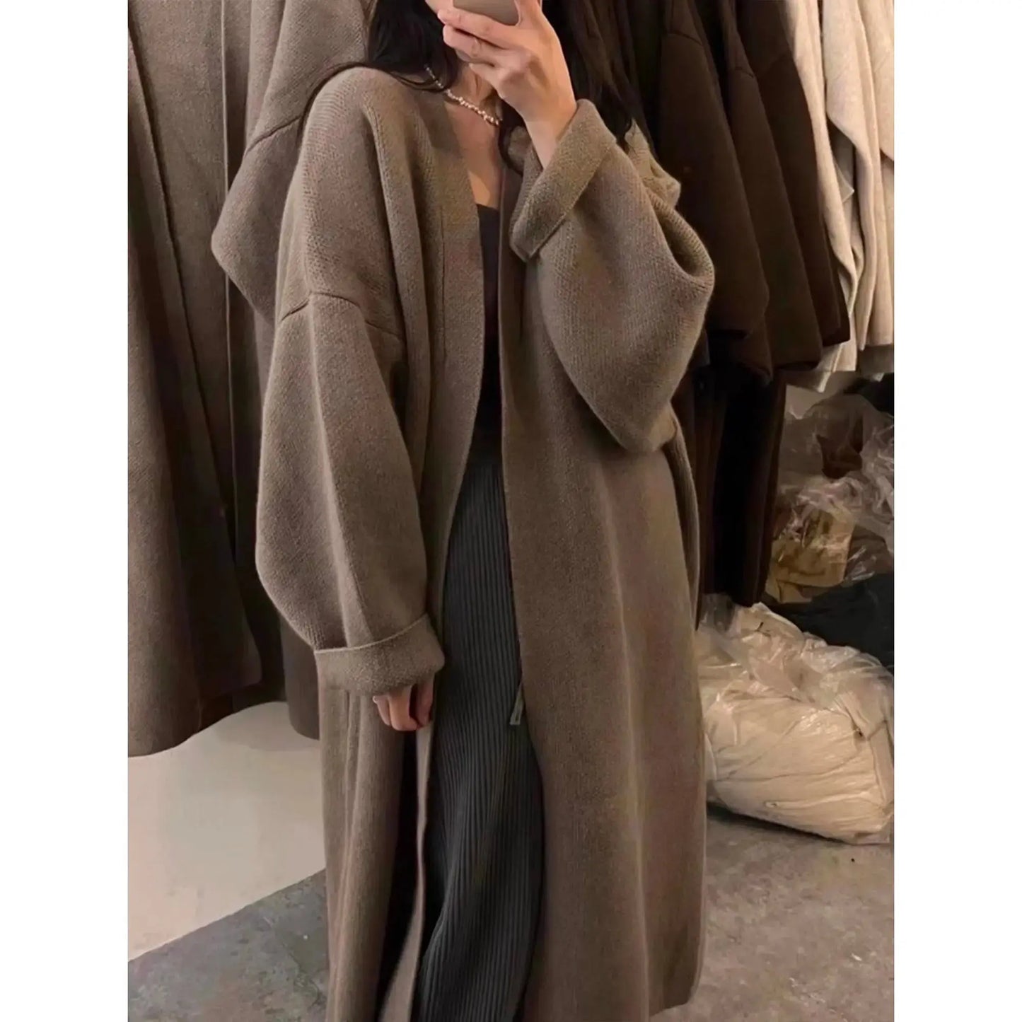 Khaki Knitted Cardigan Sweater, Womens Coat, Long Cardigan, Wool Coat, Cozy Style Loose, Plus Size Maxi Coat, Office Outfits, Fall Clothing Angel Wishes