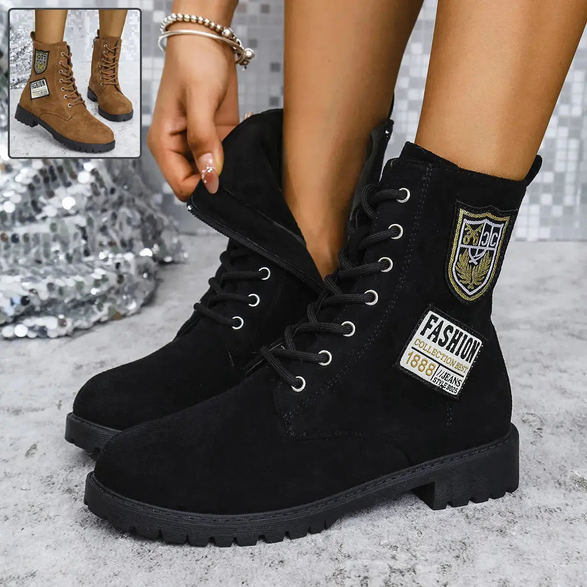 Fashion Lace-up Chunky Heels Boots Winter Round Toe Shoes For Women Angel Wishes