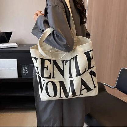 Large Capacity Canvas Bag Women Letter Printed Shoulder Travel Simple Handbags Travel Casual Daily Shopping Bags Totes Angel Wishes