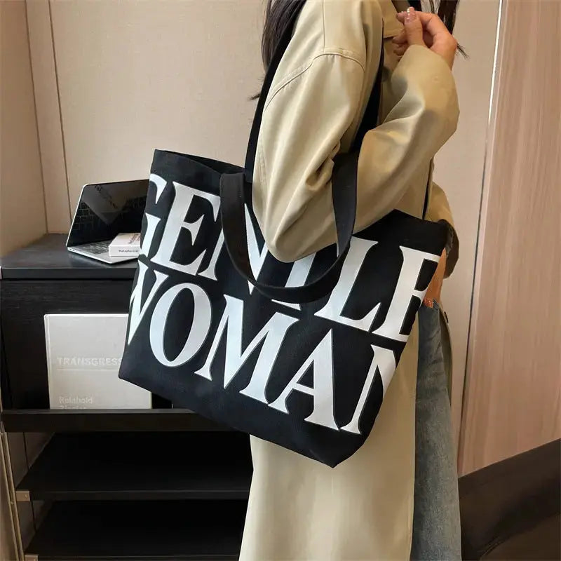 Large Capacity Canvas Bag Women Letter Printed Shoulder Travel Simple Handbags Travel Casual Daily Shopping Bags Totes Angel Wishes