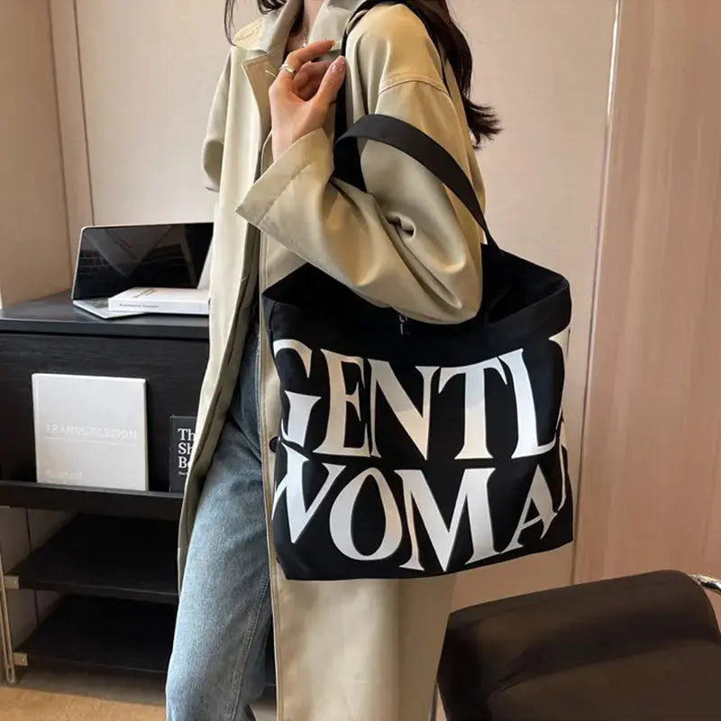 Large Capacity Canvas Bag Women Letter Printed Shoulder Travel Simple Handbags Travel Casual Daily Shopping Bags Totes Angel Wishes