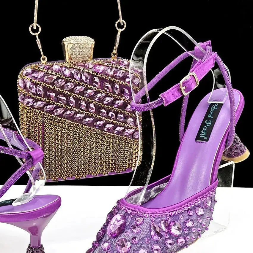 Large Rhinestone High Heel Sandals Three-dimensional Tassel Handbag Set Angel Wishes