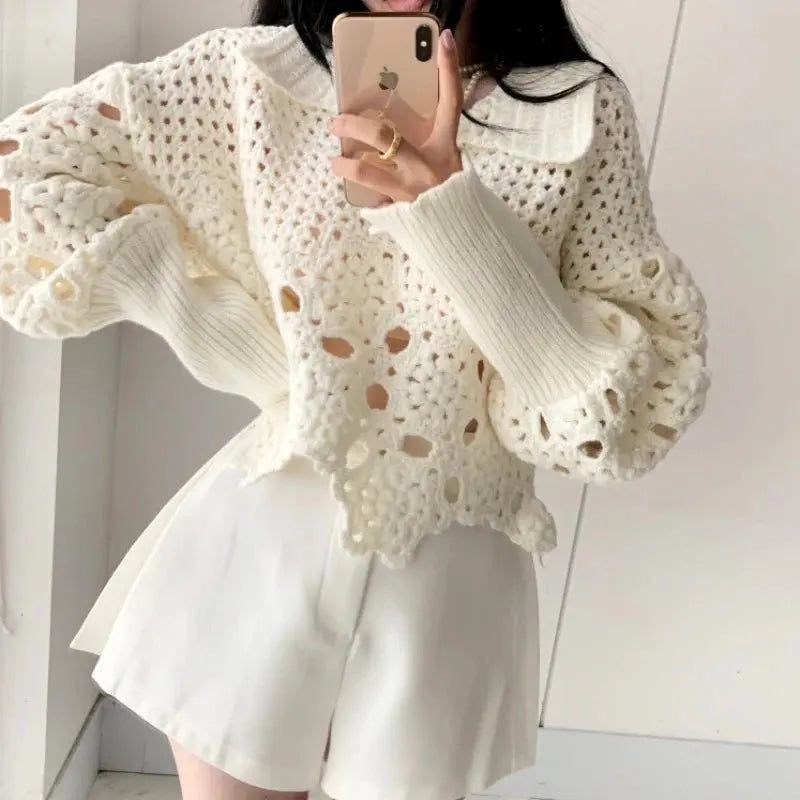 Ladies Loose Lantern Sleeve Crocheted Hollow Sweater Angel Wishes