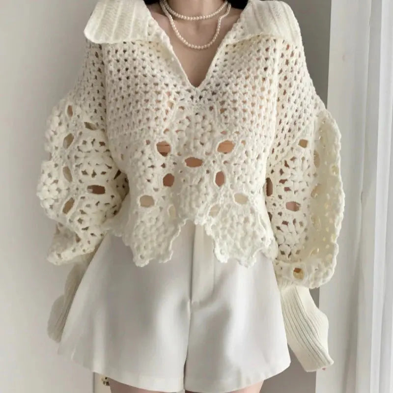 Ladies Loose Lantern Sleeve Crocheted Hollow Sweater Angel Wishes