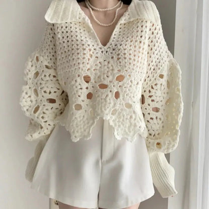 Ladies Loose Lantern Sleeve Crocheted Hollow Sweater Angel Wishes