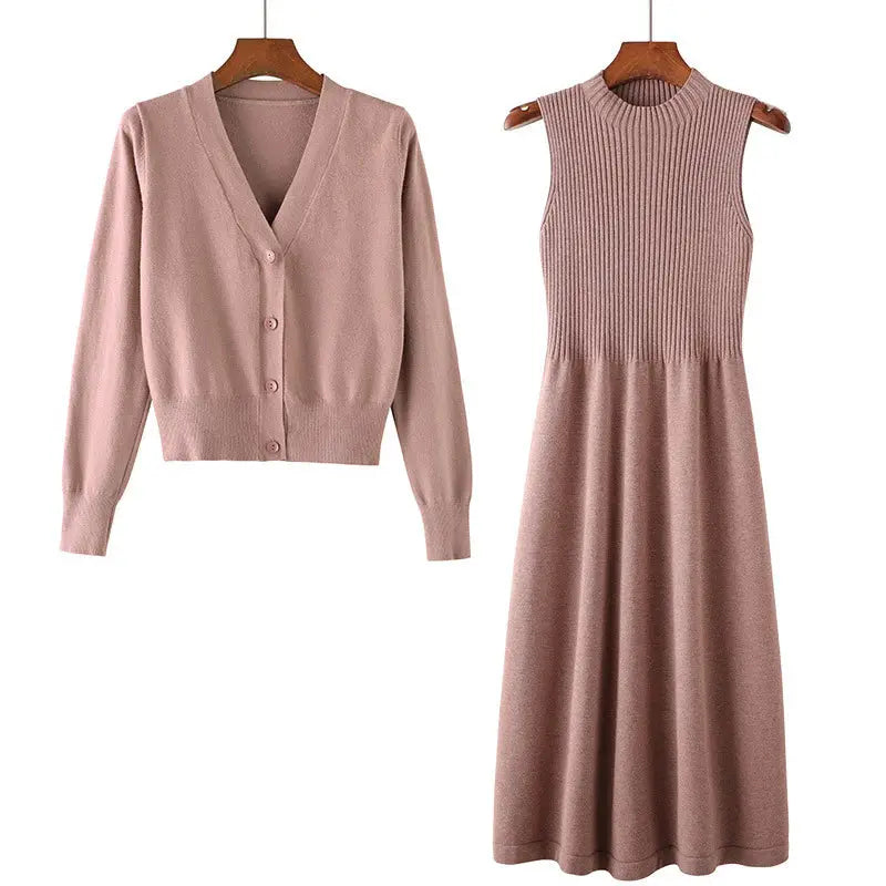 Mid-length Knitted Dress Suit Cardigan Woolen Dress Two-piece Set Angel Wishes