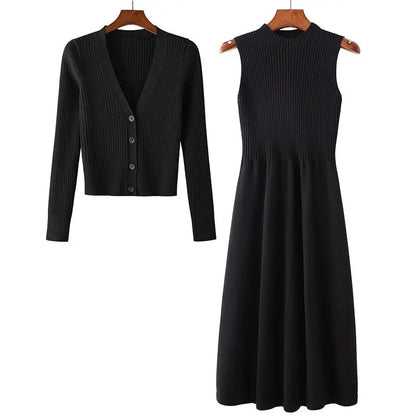 Mid-length Knitted Dress Suit Cardigan Woolen Dress Two-piece Set Angel Wishes