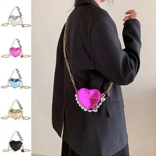 Mini Love-shape Pearls Handbag Fashion Cute Chain Lipstick Bag Women's Bright Candy Color Shoulder Messenger Bag Angel Wishes