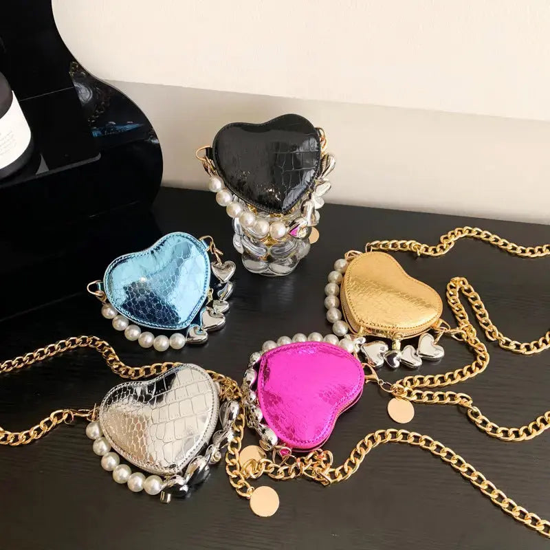 Mini Love-shape Pearls Handbag Fashion Cute Chain Lipstick Bag Women's Bright Candy Color Shoulder Messenger Bag Angel Wishes