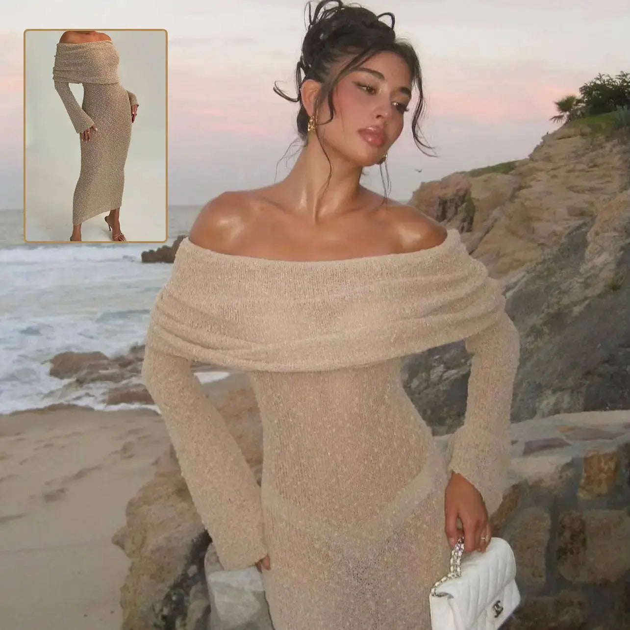 New One-shoulder Knitted Long-sleeved Dress Sexy Beach Holiday Long Dresses Womens Clothing Angel Wishes