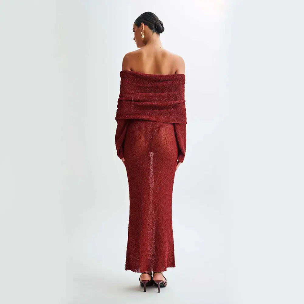 New One-shoulder Knitted Long-sleeved Dress Sexy Beach Holiday Long Dresses Womens Clothing Angel Wishes