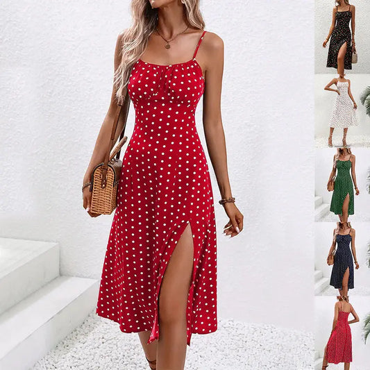 Polka Dot Print Suspender Slit Dress Angel Wishes