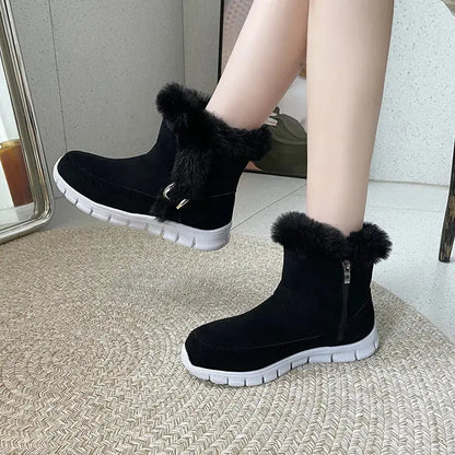 New Snow Boots Winter Warm Thickened Solid Color Plush Ankle Boots With Buckle Design Plus Velvet Flat Shoes For Women Angel Wishes