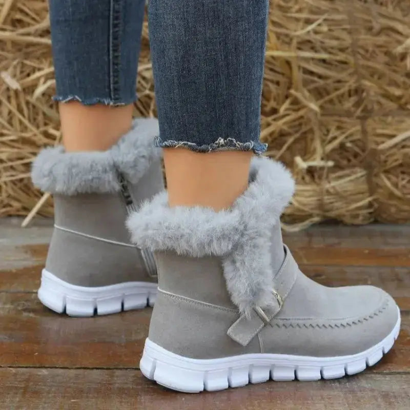 New Snow Boots Winter Warm Thickened Solid Color Plush Ankle Boots With Buckle Design Plus Velvet Flat Shoes For Women Angel Wishes