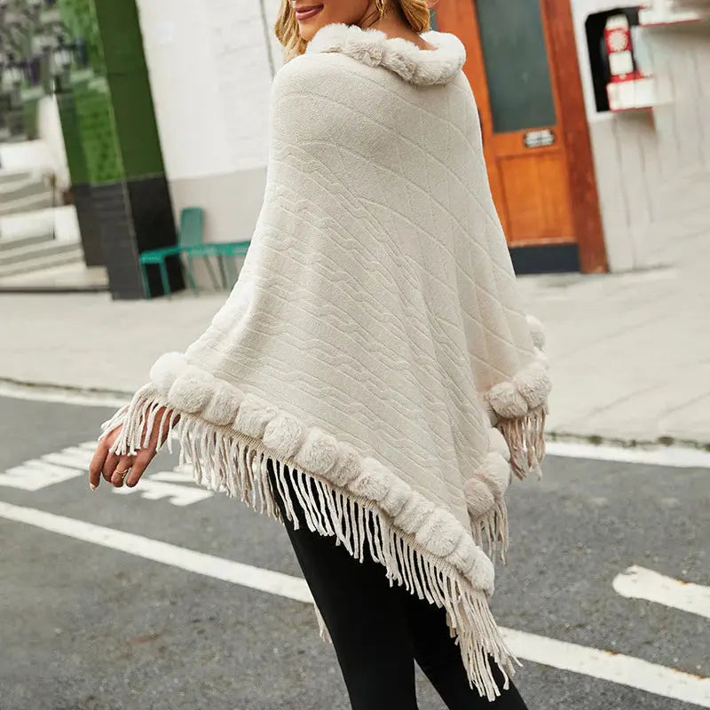 Knitted Cape Shawl With Fur Collar Angel Wishes