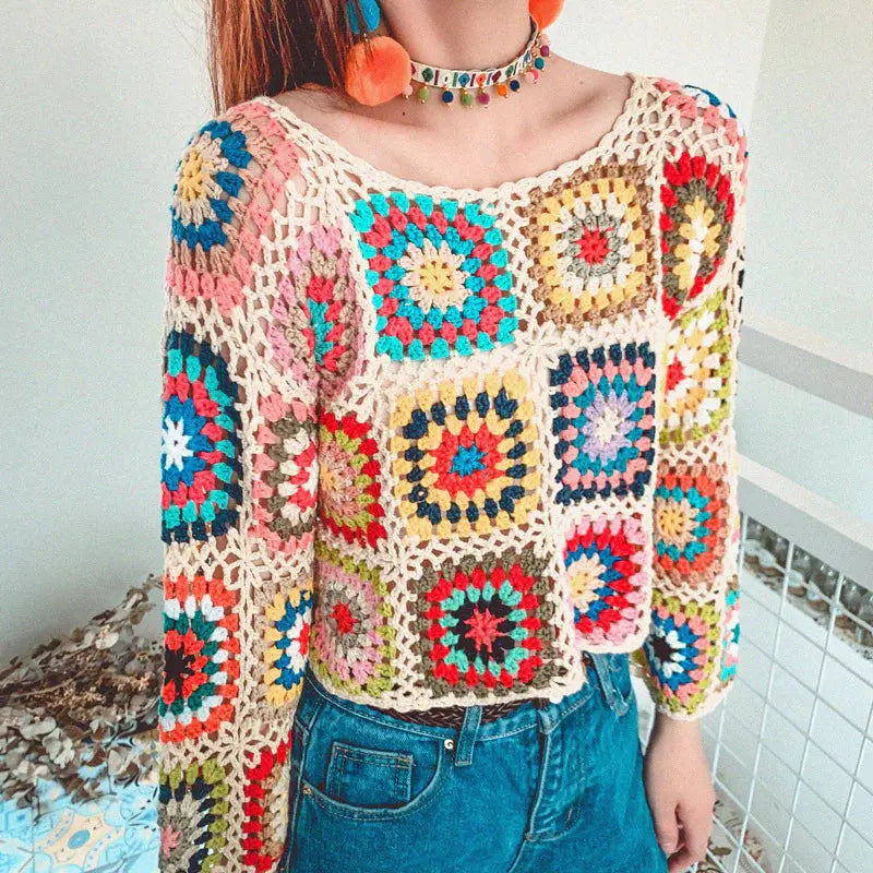 Rainbow Crochet Long-sleeved Blouse Angel Wishes