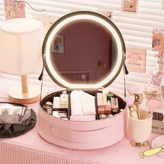 Round Smart LED Makeup Bag With Mirror Lights Women Beauty Bag Large Capacity PU Leather Travel Organizers Cosmetic Case Angel Wishes