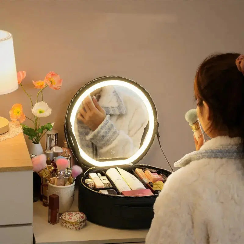 Round Smart LED Makeup Bag With Mirror Lights Women Beauty Bag Large Capacity PU Leather Travel Organizers Cosmetic Case Angel Wishes