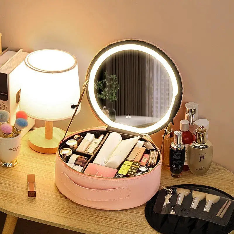 Round Smart LED Makeup Bag With Mirror Lights Women Beauty Bag Large Capacity PU Leather Travel Organizers Cosmetic Case Angel Wishes