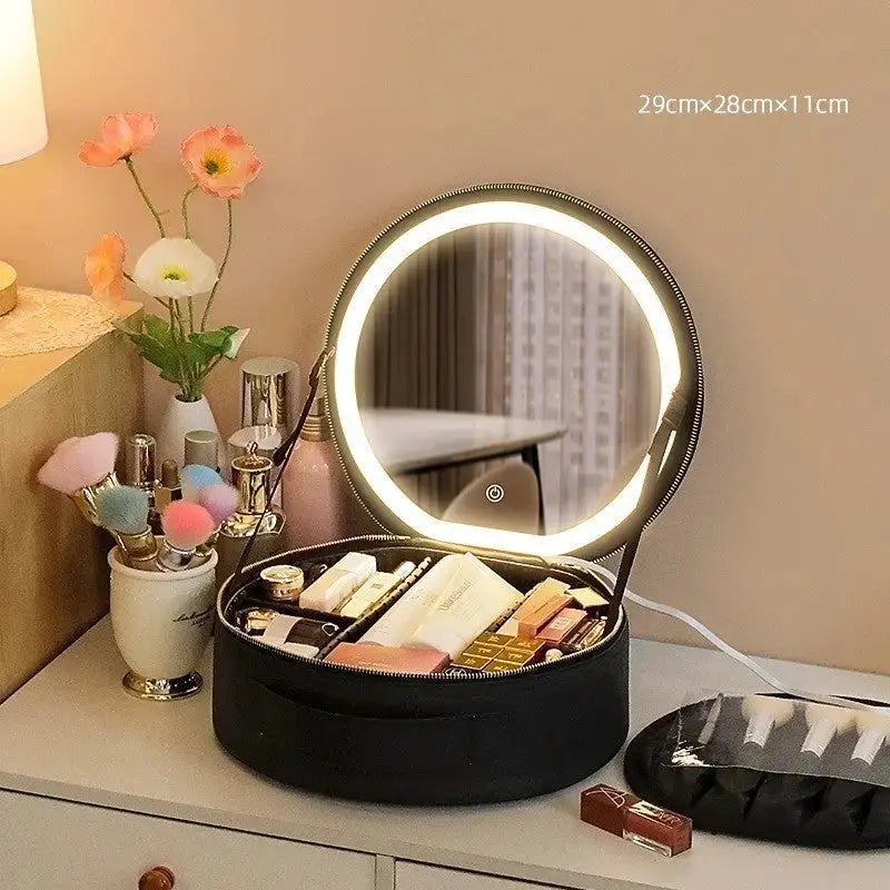 Round Smart LED Makeup Bag With Mirror Lights Women Beauty Bag Large Capacity PU Leather Travel Organizers Cosmetic Case Angel Wishes