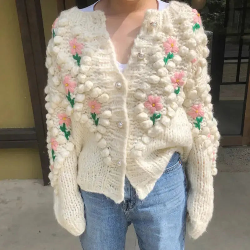 RoundNeckPearl Buckle Heavy IndustryThree-Dimensional Ball Decoration Warm Cardigan Sweater Angel Wishes