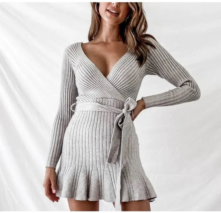 V Neck Knitted Long Sleeve Dress Angel Wishes