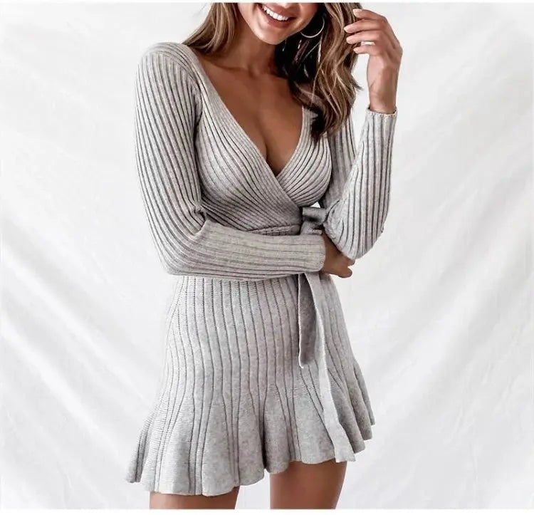 V Neck Knitted Long Sleeve Dress Angel Wishes