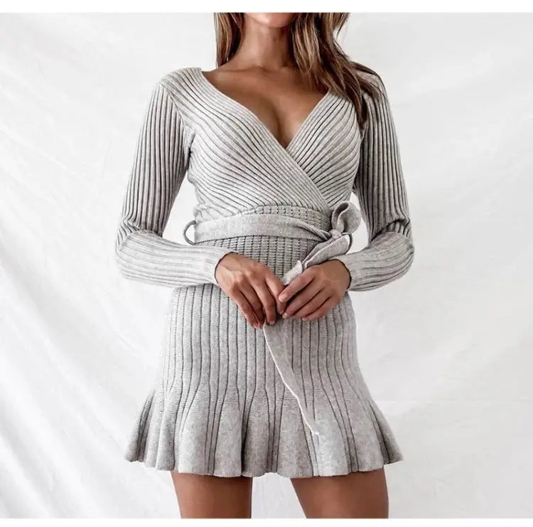 V Neck Knitted Long Sleeve Dress Angel Wishes