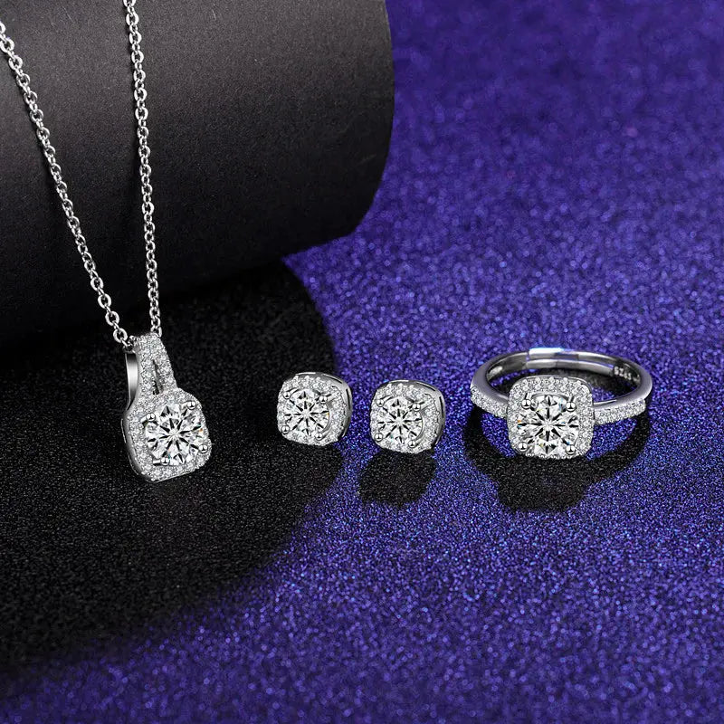 Six Claw Moissanite Ring Stud Necklace Women's Jewelry Set Angel Wishes