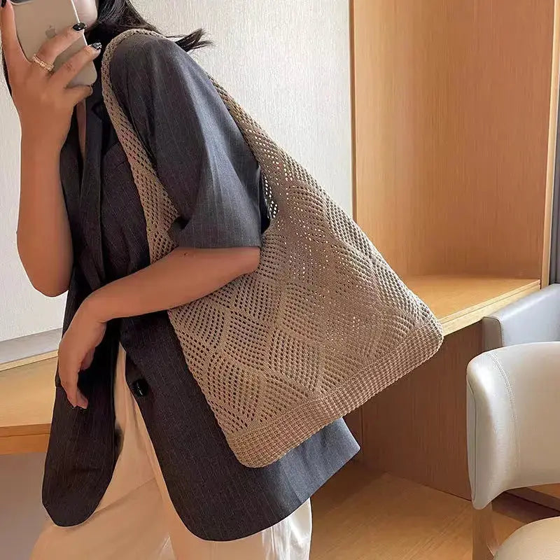 Solid Color Bag Knitted Bags Hollow Woven Bag Angel Wishes