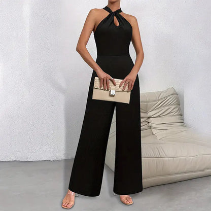 Solid Color Elegant Commuter Halter Sleeveless Long Jumpsuit Angel Wishes