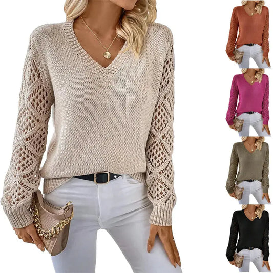 Stylish V-neck Pullover Sweater With Hollow Long Sleeve Angel Wishes