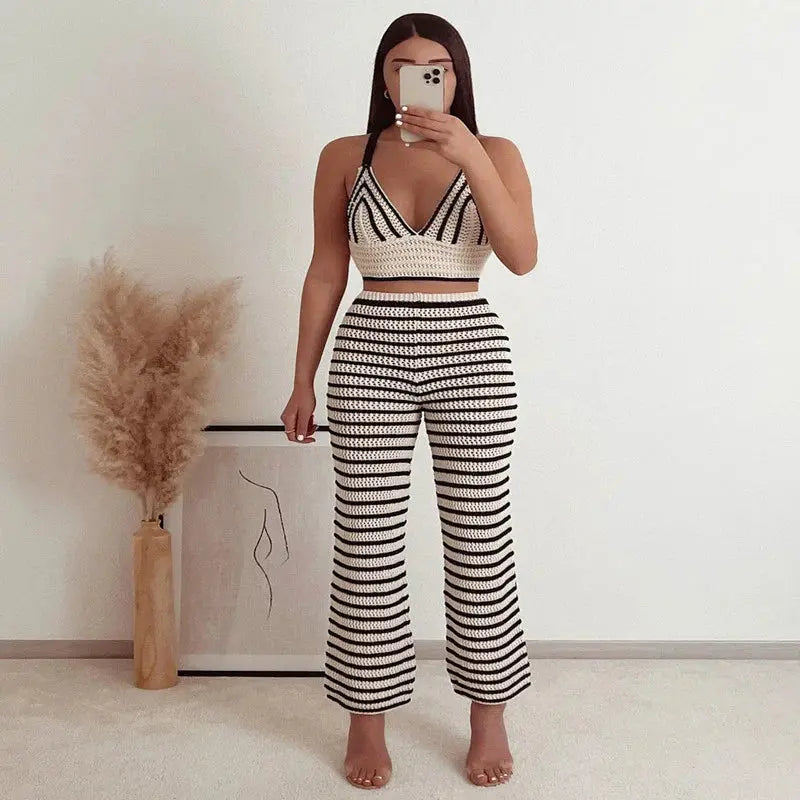 Striped Knitted Halterneck Vest Striped Knitted Casual Pants Angel Wishes