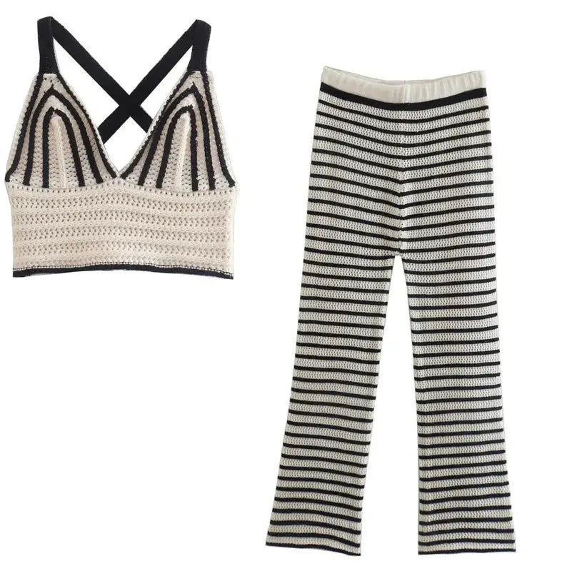 Striped Knitted Halterneck Vest Striped Knitted Casual Pants Angel Wishes