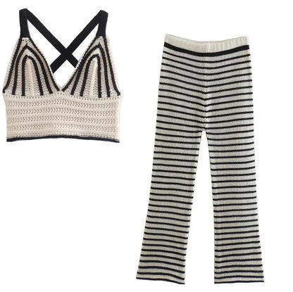 Striped Knitted Halterneck Vest Striped Knitted Casual Pants Angel Wishes