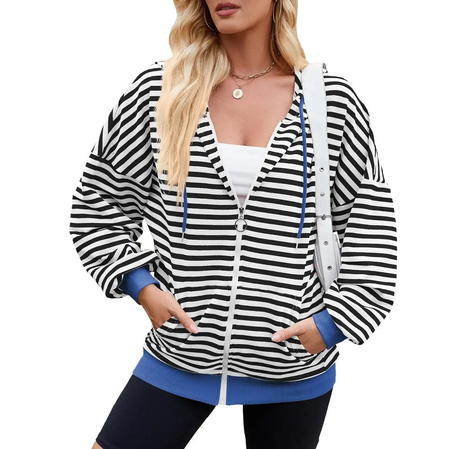 Striped Zipper Hooded Sweatshirt Fashion Loose Pockets Long-sleeved Jacket For Women Tops Angel Wishes