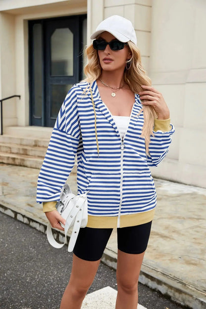 Striped Zipper Hooded Sweatshirt Fashion Loose Pockets Long-sleeved Jacket For Women Tops Angel Wishes