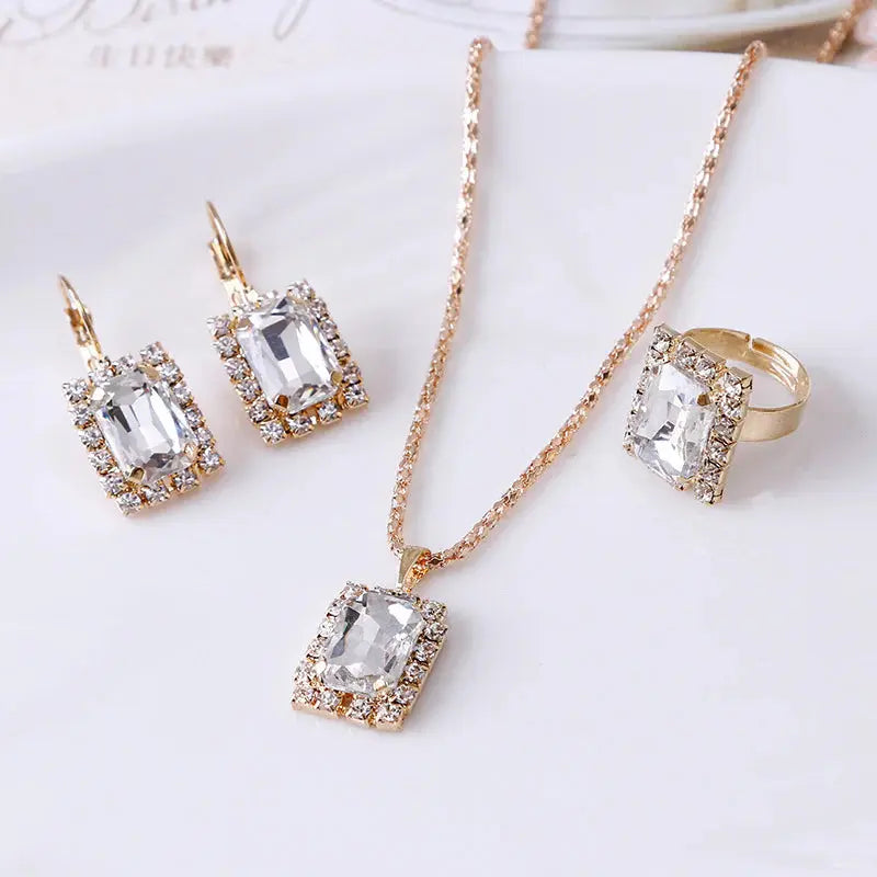 Crystal Set Necklace Earring Ring Three-piece Set Angel Wishes