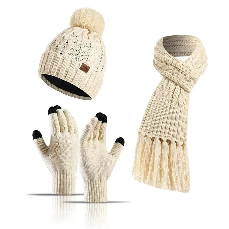 Three-piece Set Of Color Hat Thick Scarf Touch Screen Gloves Angel Wishes