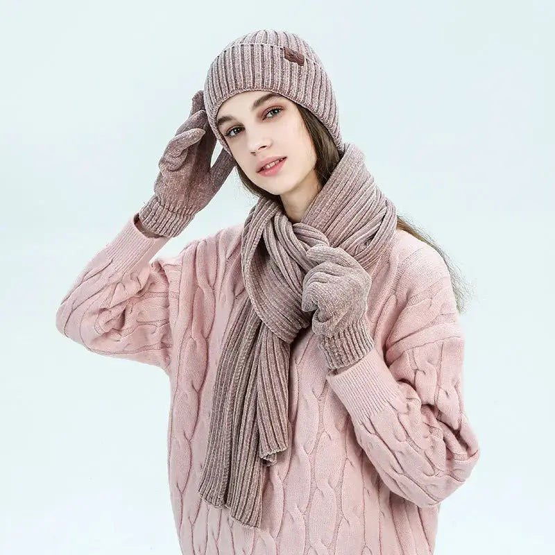 Three Piece Set Of Solid Color Ribbed Knitted Warm Scarf Hat And Gloves Angel Wishes