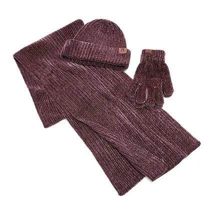 Three Piece Set Of Solid Color Ribbed Knitted Warm Scarf Hat And Gloves Angel Wishes