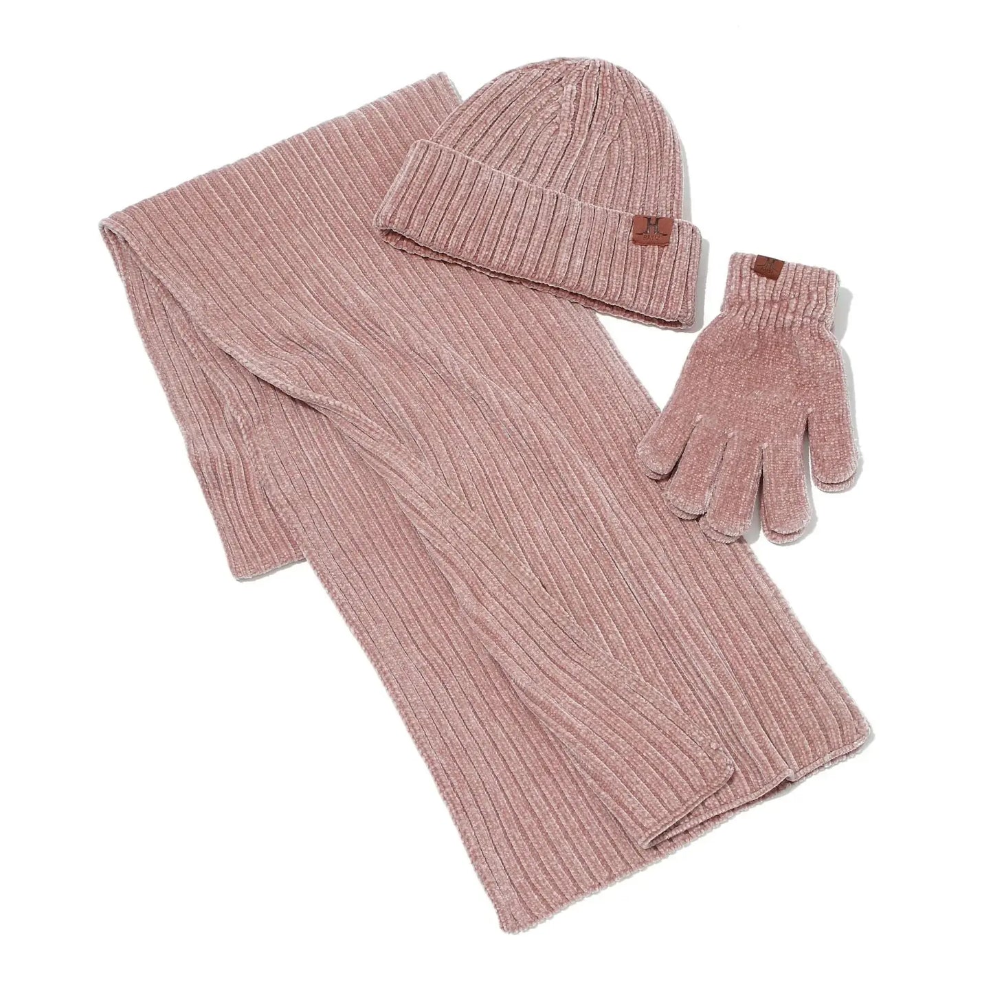 Three Piece Set Of Solid Color Ribbed Knitted Warm Scarf Hat And Gloves Angel Wishes