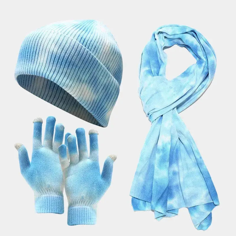 Tie-dye Knitted Hat Gloves Scarf Set Ladies Angel Wishes