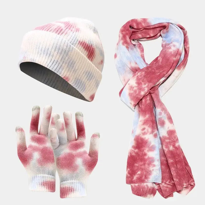 Tie-dye Knitted Hat Gloves Scarf Set Ladies Angel Wishes