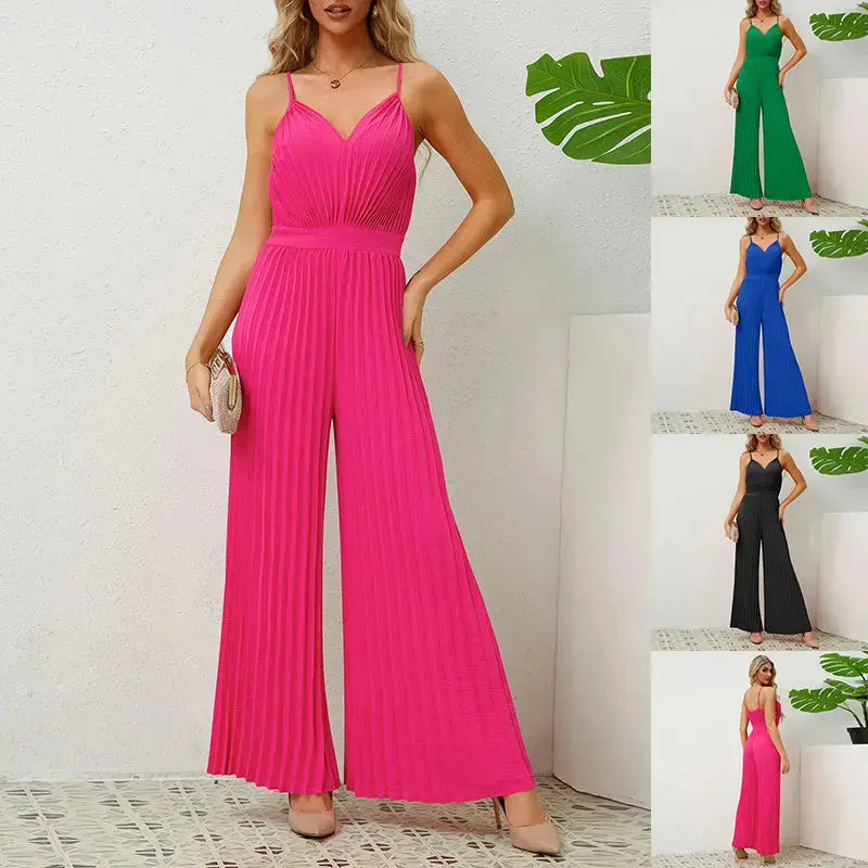 V-neck Suspender Pleated Jumpsuit Solid Color Loose Straight Pants Womens Clothing Angel Wishes