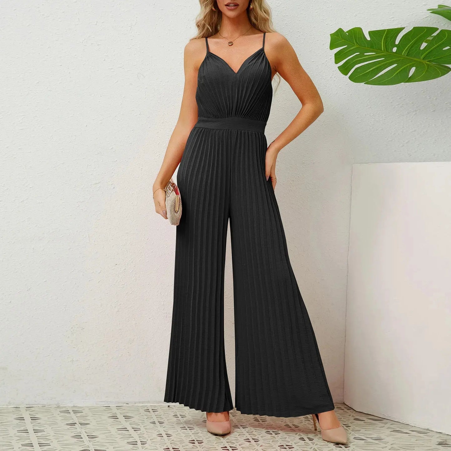 V-neck Suspender Pleated Jumpsuit Solid Color Loose Straight Pants Womens Clothing Angel Wishes