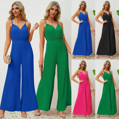 V-neck Suspender Pleated Jumpsuit Solid Color Loose Straight Pants Womens Clothing Angel Wishes