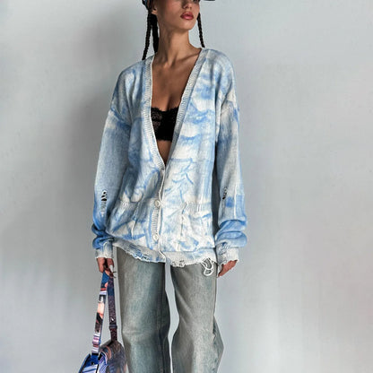 Vintage Tie-dyed Distressed Woolen Coat Women's Cardigan Angel Wishes